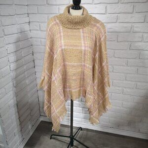 NWT Cherie Bliss Ladies Free Size Tan White Pink Purple Pattern Turtleneck Cape